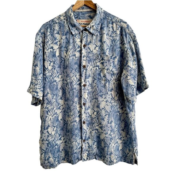 Vintage Tommy Bahama Blue Tropical Button-down Short-Sleeve 100% Linen Shirt - L - Picture 1 of 5
